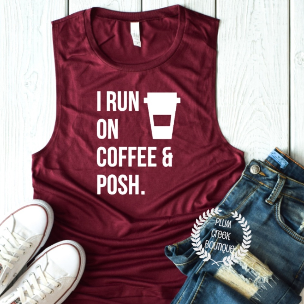 Run on Posh Coffee Muscle Tee Fitness Burgundy NEW - Picture 1 of 2